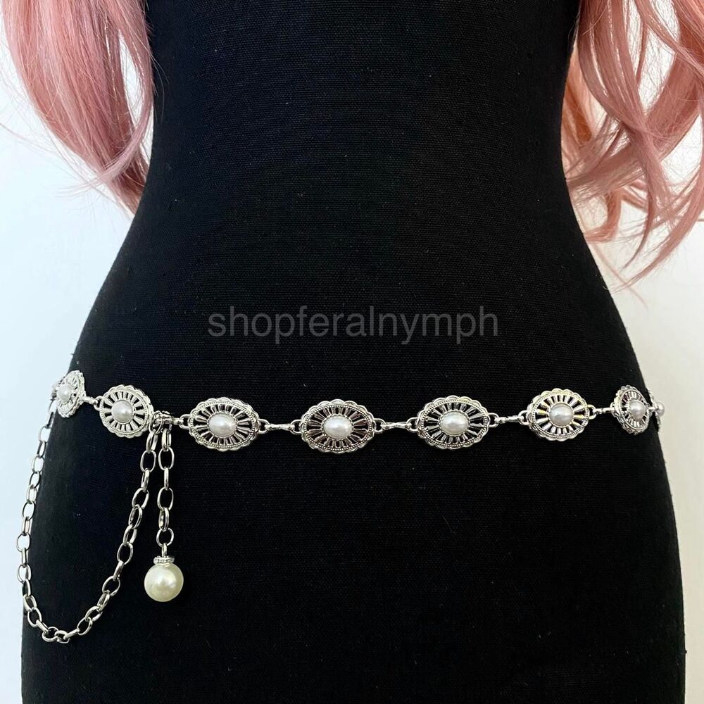 Silver Y2K Faux Pearl Sunburst Concho Chain Belt, Fits 25-43 Inches, X7GA1443